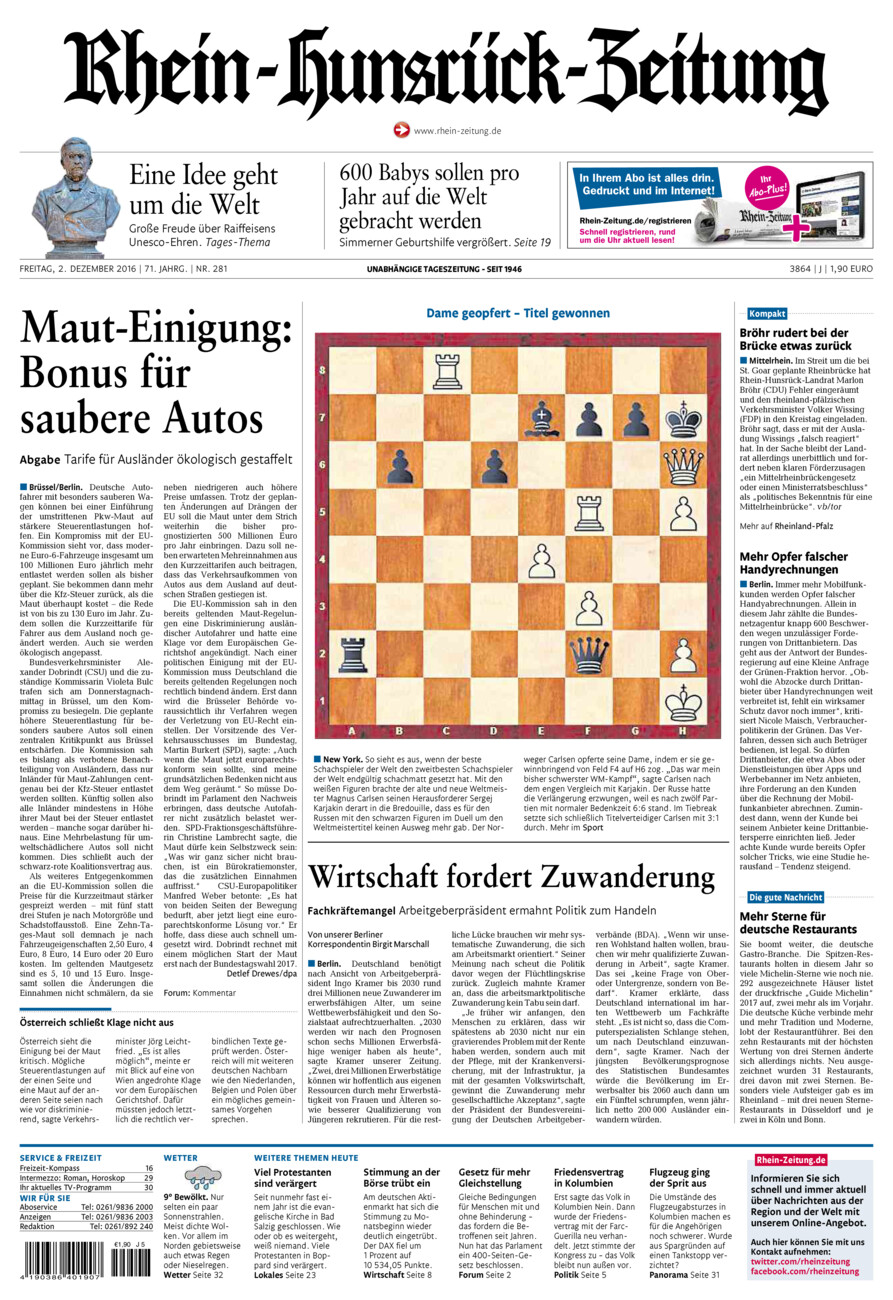 Rhein-Hunsrück-Zeitung vom Freitag, 02.12.2016