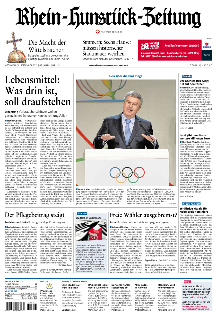 Rhein-Hunsrück-Zeitung vom Mittwoch, 11.09.2013
