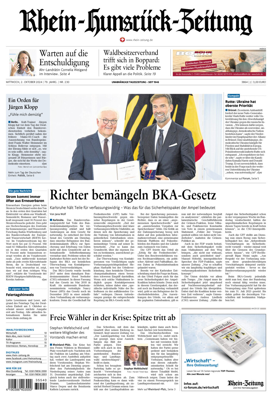 Rhein-Hunsrück-Zeitung vom Mittwoch, 02.10.2024