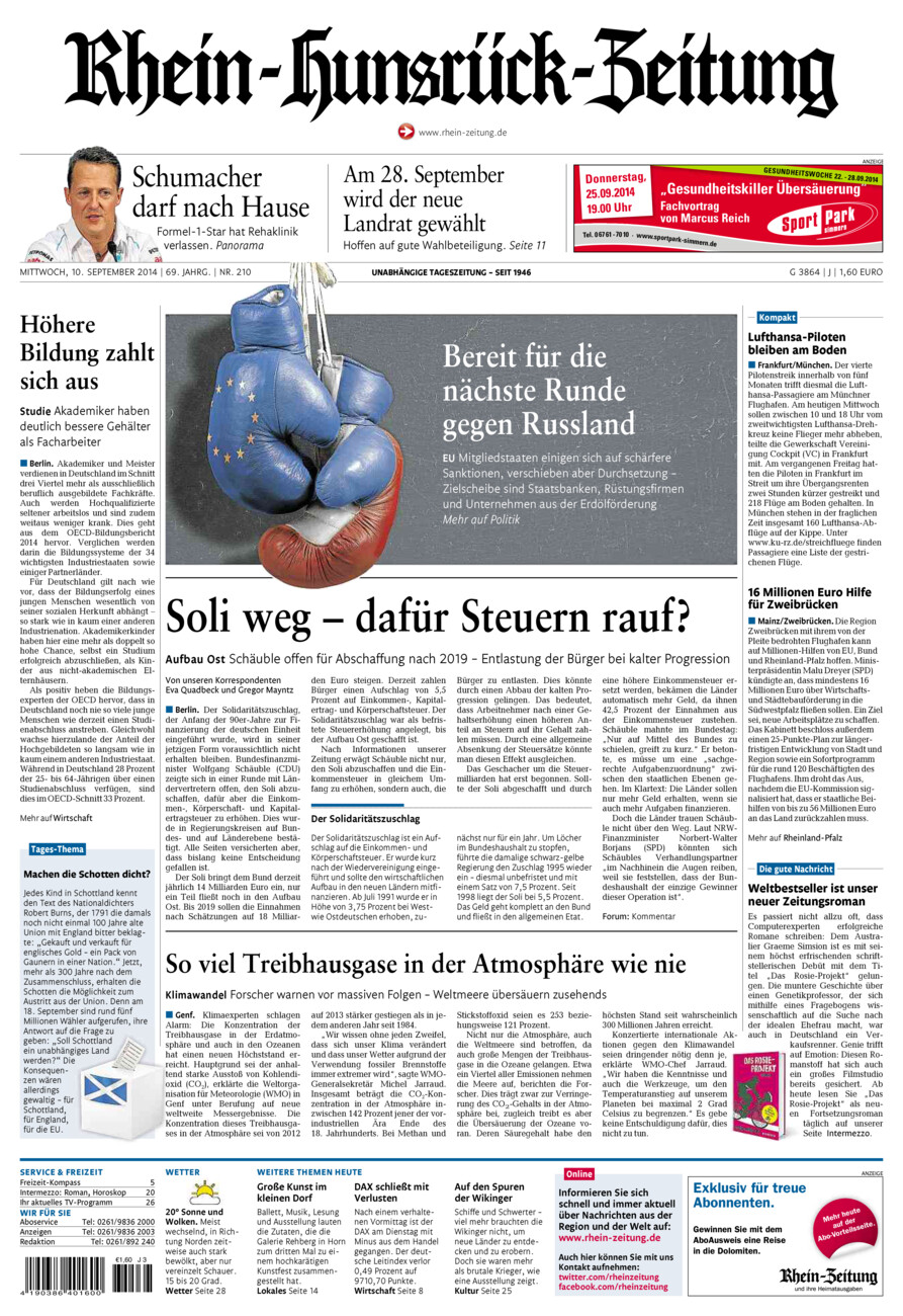 Rhein-Hunsrück-Zeitung vom Mittwoch, 10.09.2014