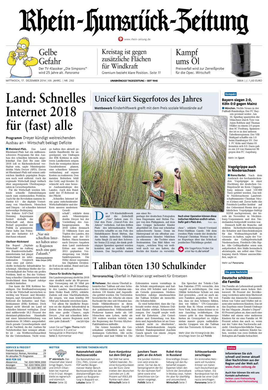 Rhein-Hunsrück-Zeitung vom Mittwoch, 17.12.2014