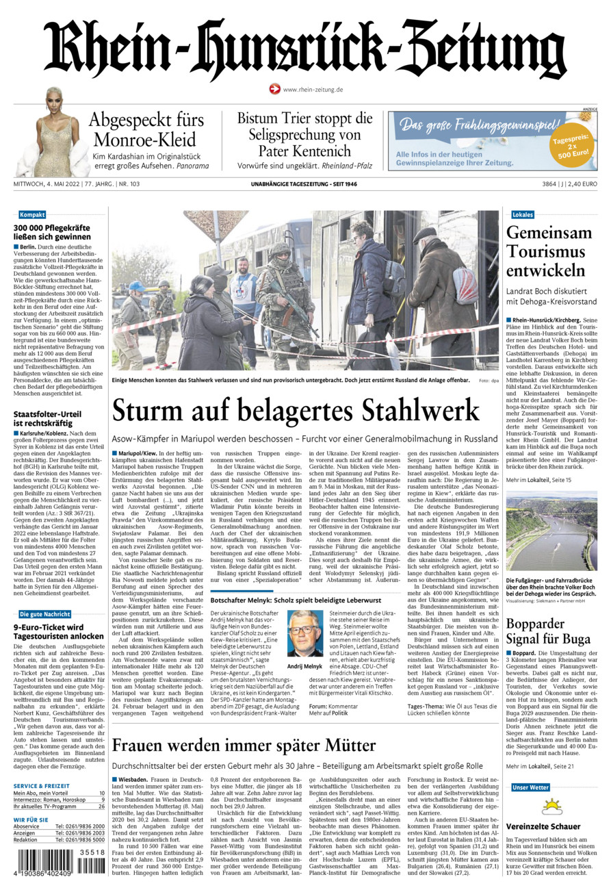 Rhein-Hunsrück-Zeitung vom Mittwoch, 04.05.2022