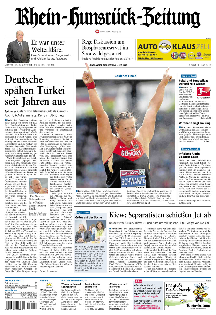 Rhein-Hunsrück-Zeitung vom Montag, 18.08.2014