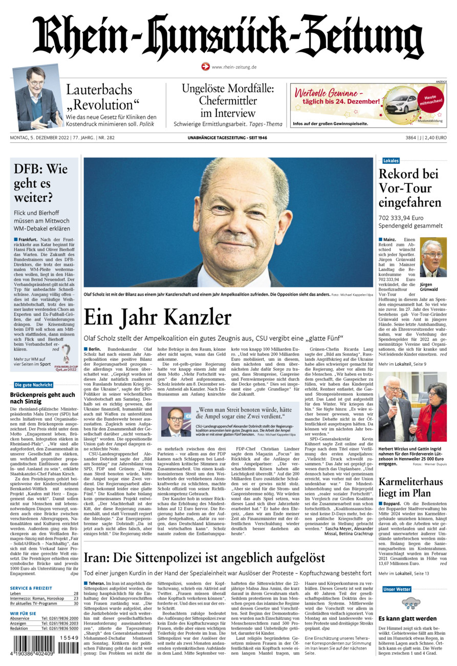 Rhein-Hunsrück-Zeitung vom Montag, 05.12.2022