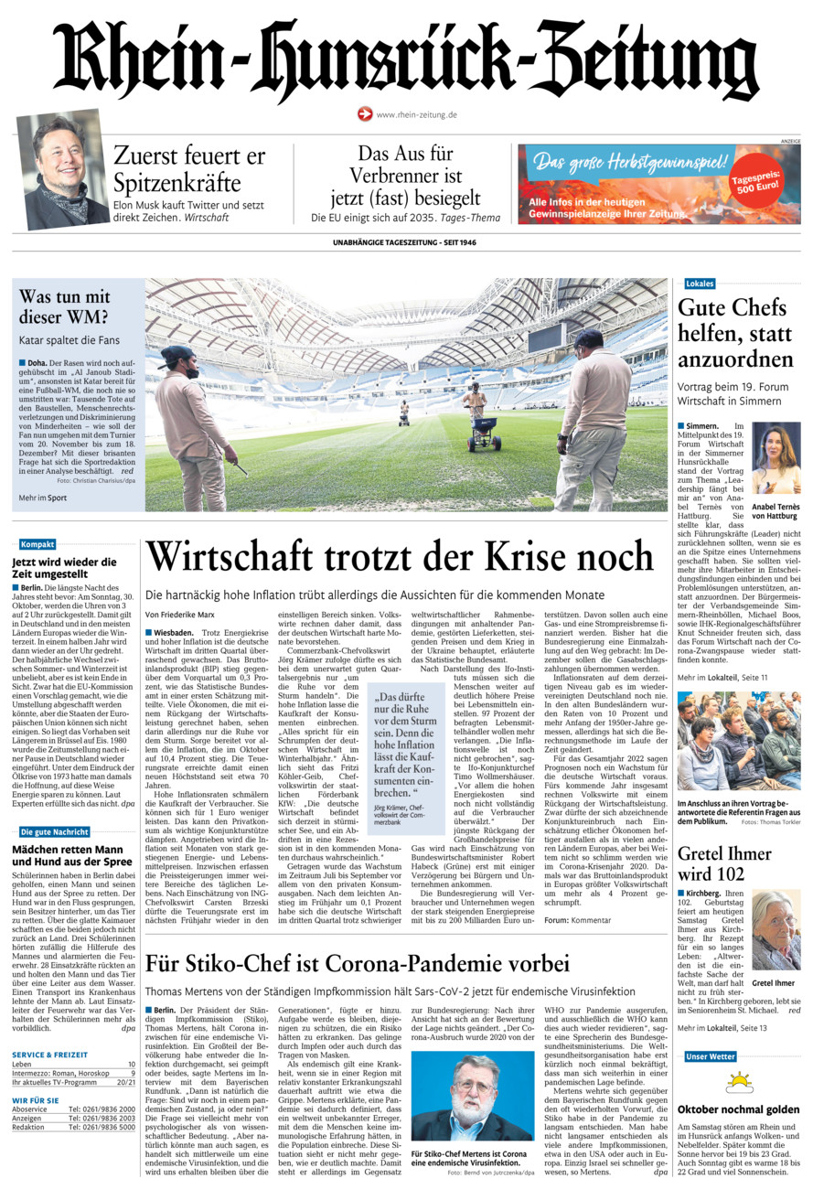 Rhein-Hunsrück-Zeitung vom Samstag, 29.10.2022