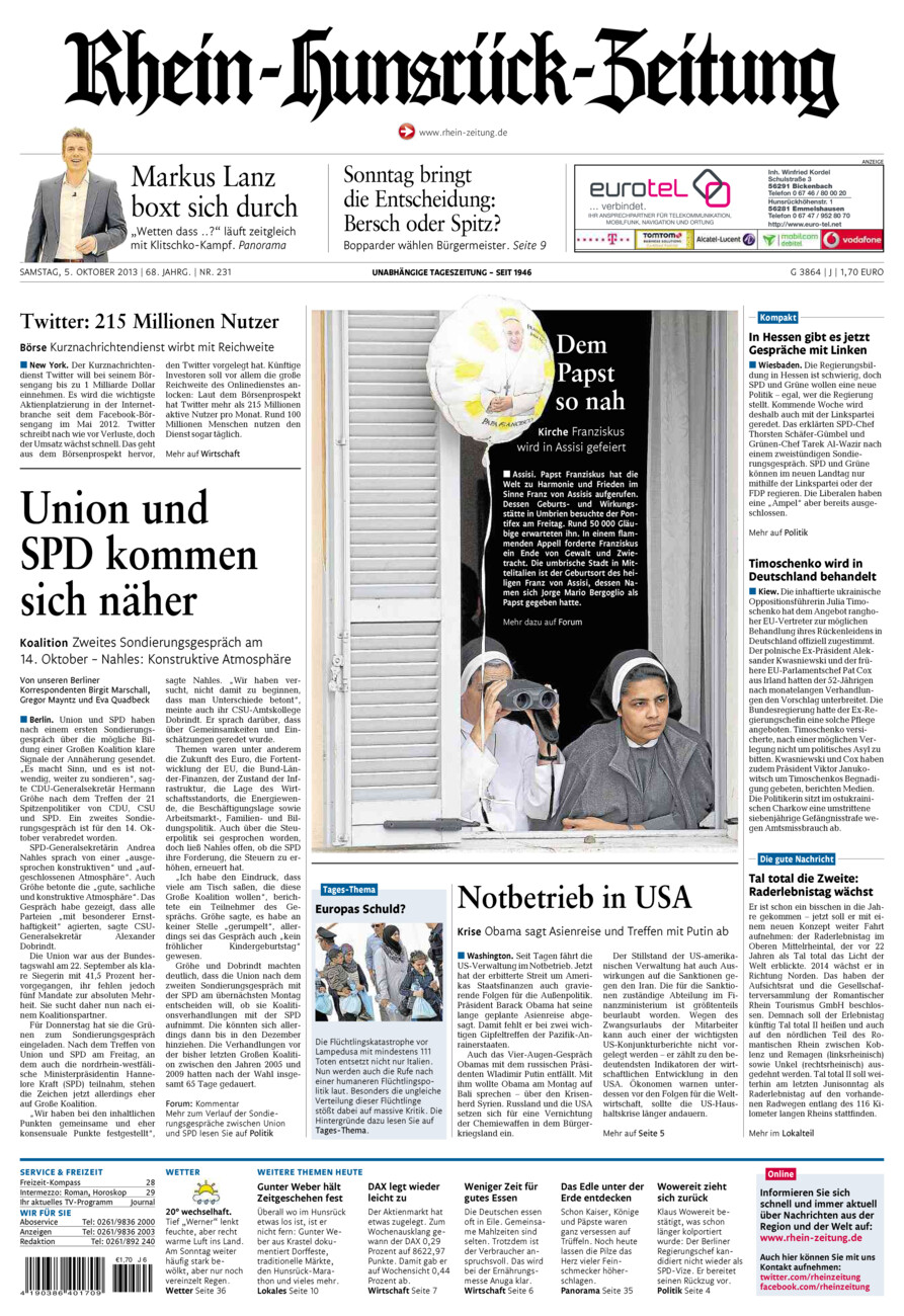 Rhein-Hunsrück-Zeitung vom Samstag, 05.10.2013