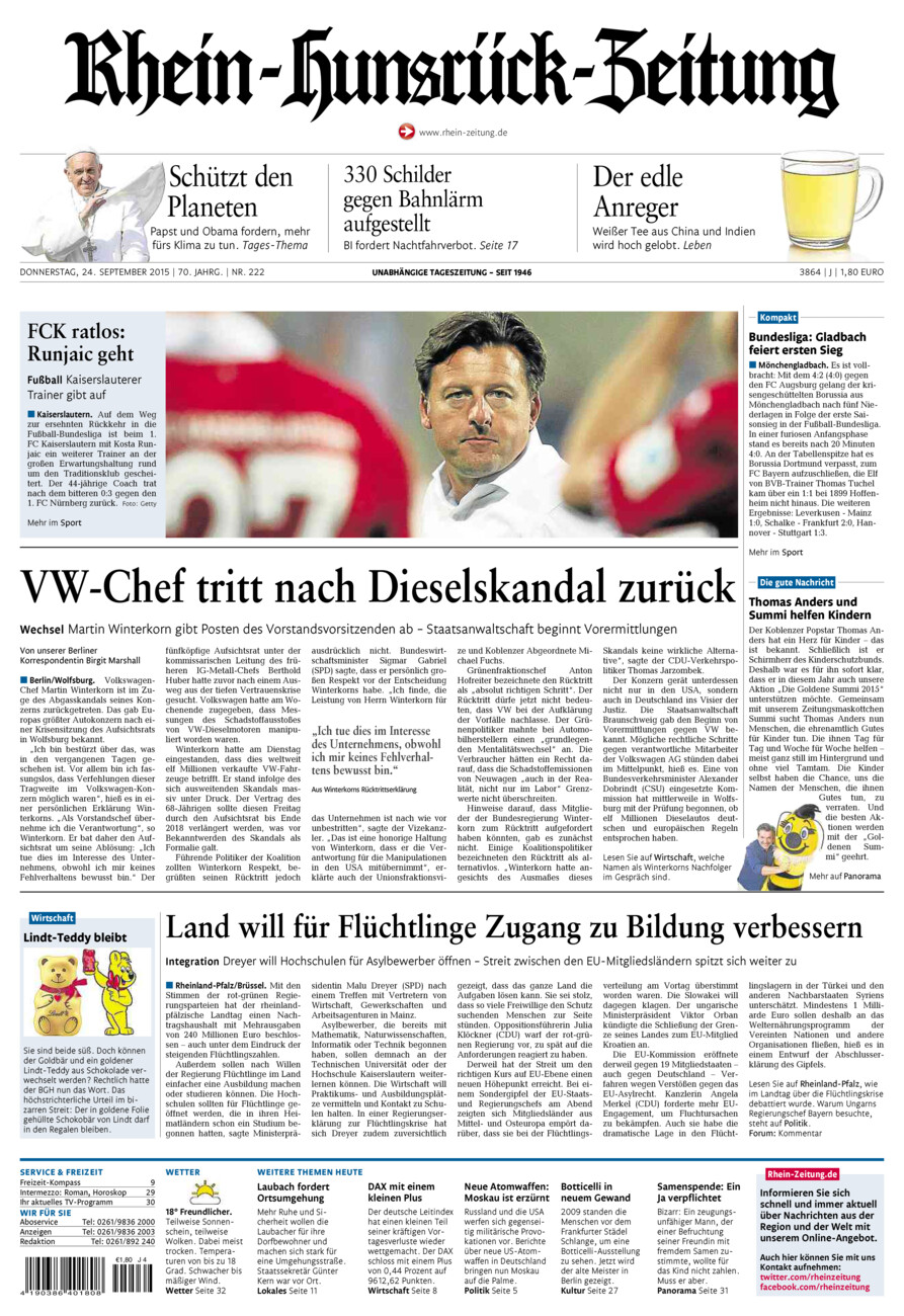 Rhein-Hunsrück-Zeitung vom Donnerstag, 24.09.2015