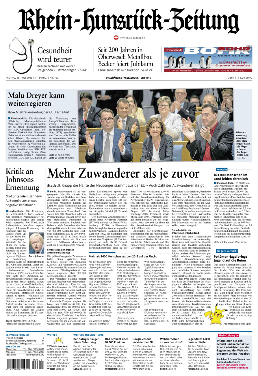 Rhein-Hunsrück-Zeitung vom Freitag, 15.07.2016