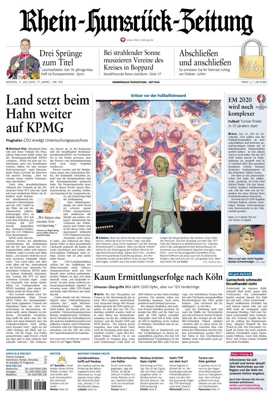Rhein-Hunsrück-Zeitung vom Montag, 11.07.2016