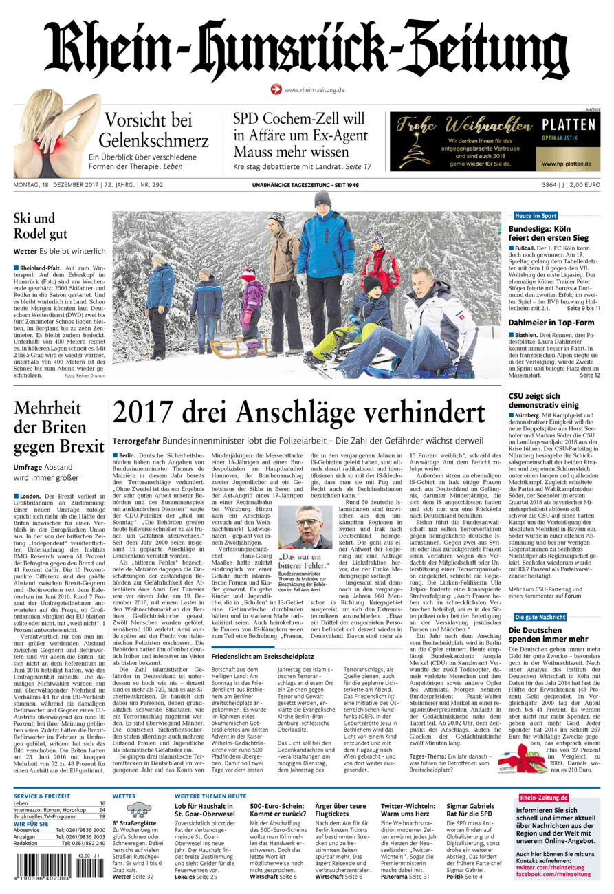 Rhein-Hunsrück-Zeitung vom Montag, 18.12.2017