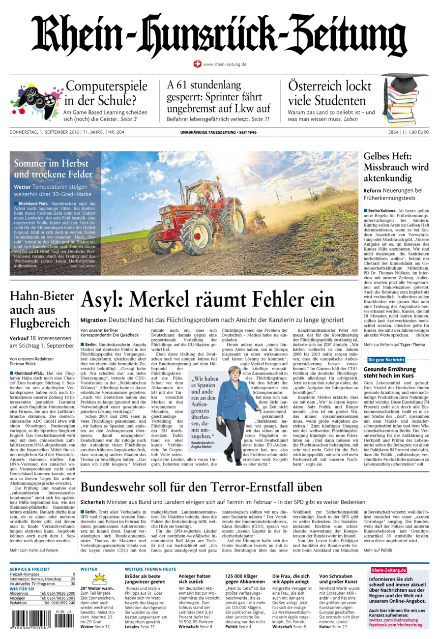 Rhein-Hunsrück-Zeitung vom Donnerstag, 01.09.2016