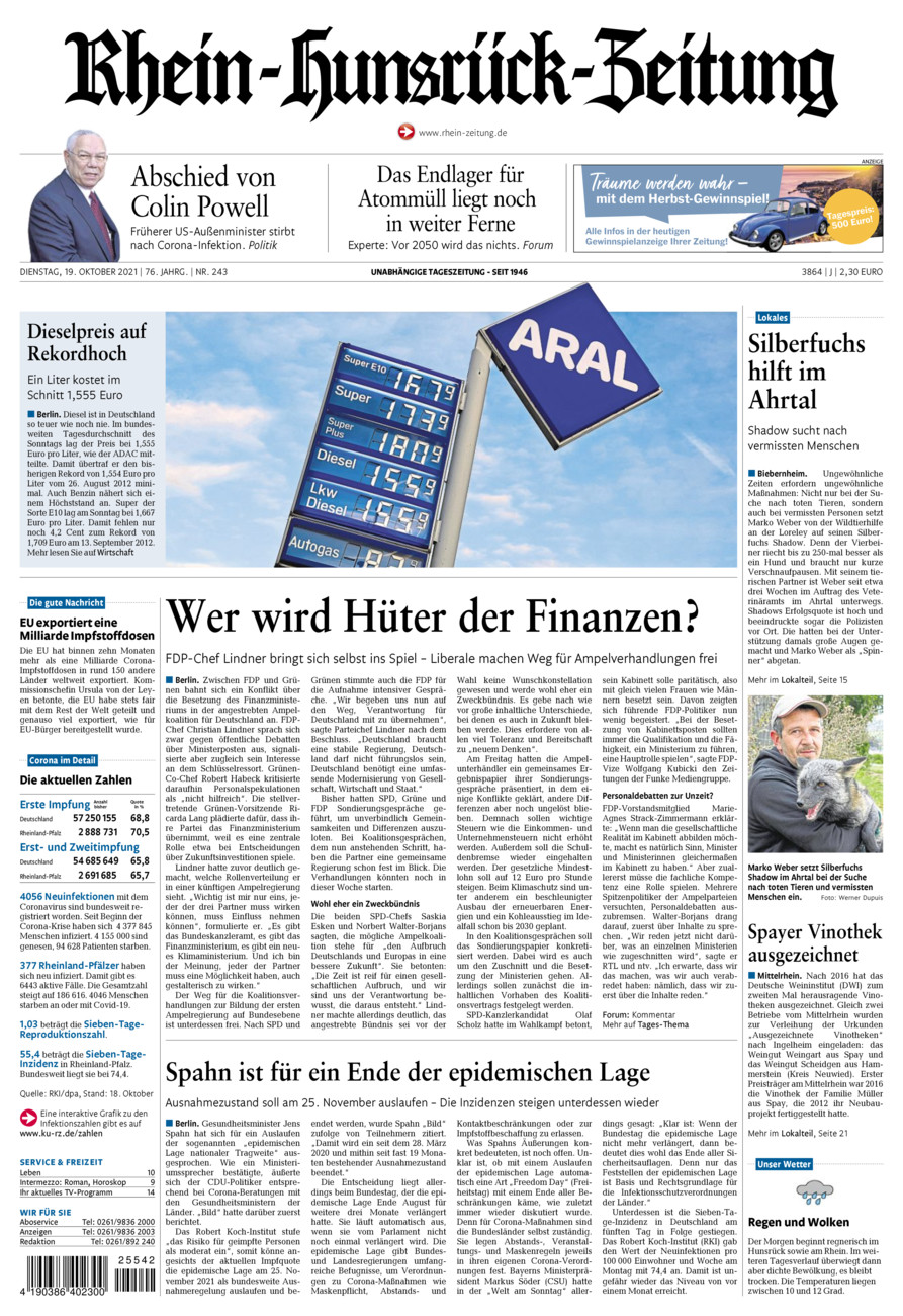 Rhein-Hunsrück-Zeitung vom Dienstag, 19.10.2021