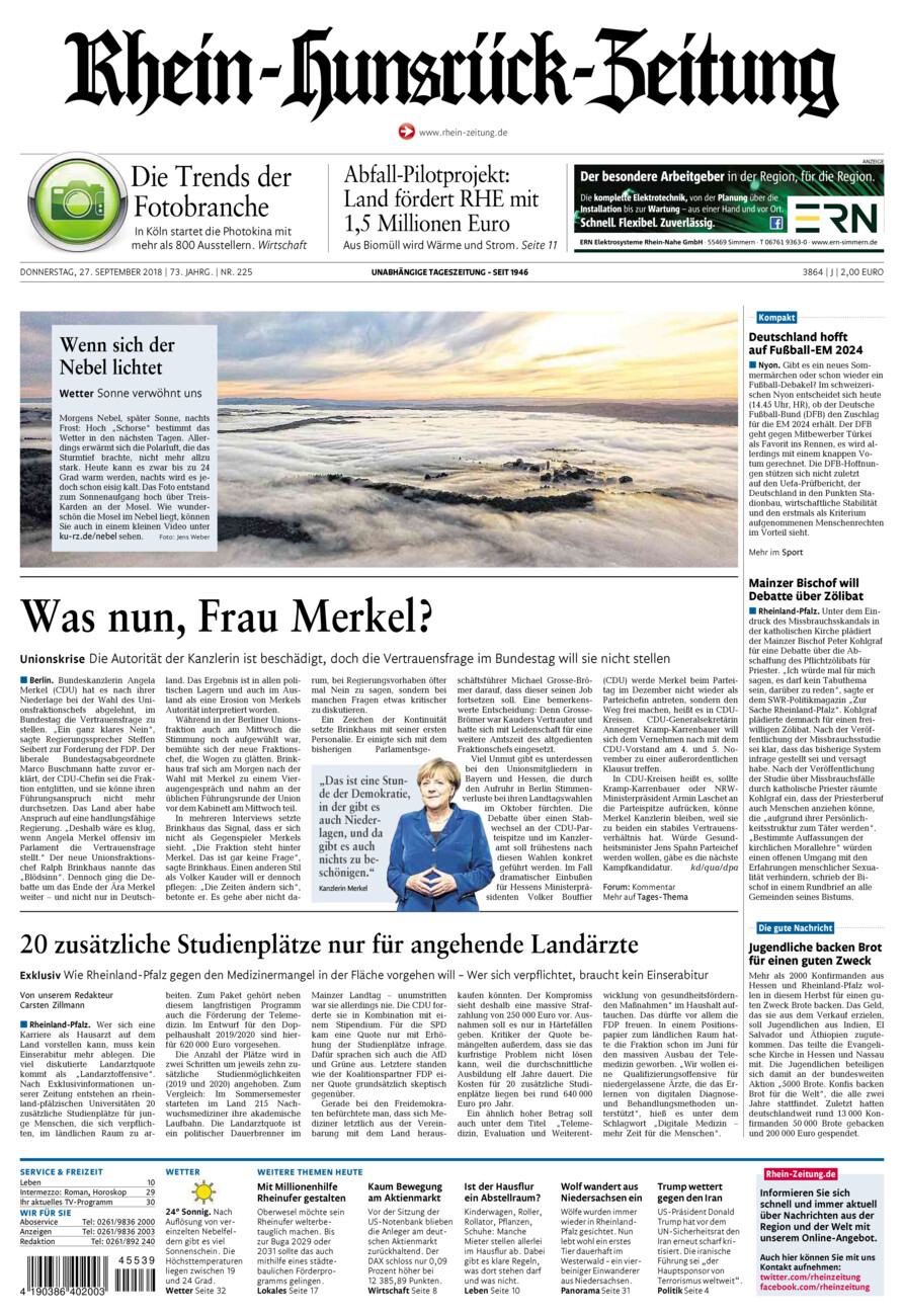Rhein-Hunsrück-Zeitung vom Donnerstag, 27.09.2018