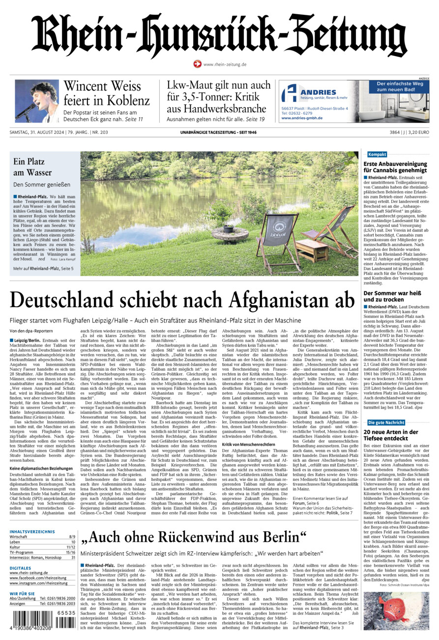 Rhein-Hunsrück-Zeitung vom Samstag, 31.08.2024