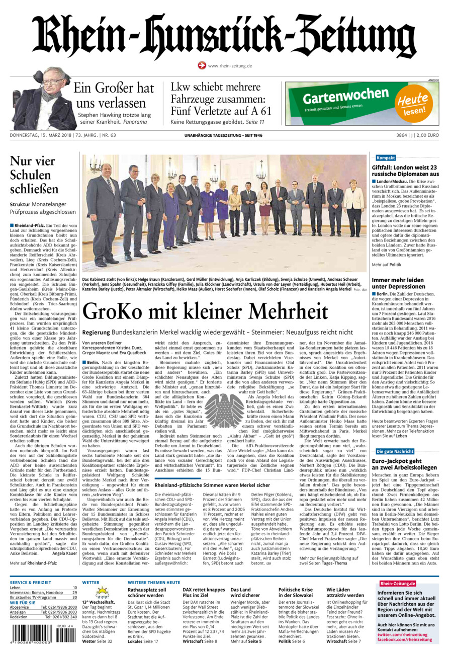 Rhein-Hunsrück-Zeitung vom Donnerstag, 15.03.2018