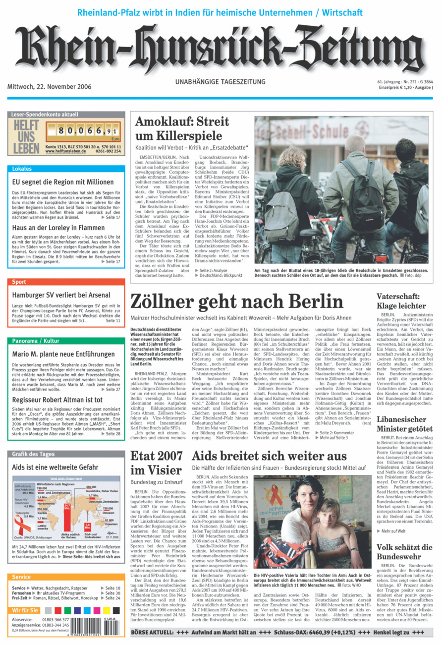 Rhein-Hunsrück-Zeitung vom Mittwoch, 22.11.2006