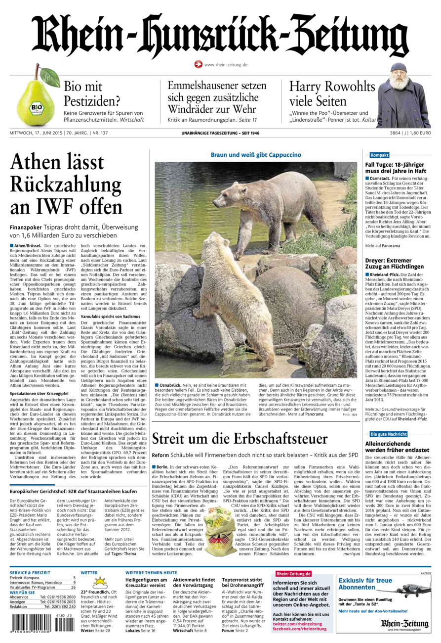 Rhein-Hunsrück-Zeitung vom Mittwoch, 17.06.2015