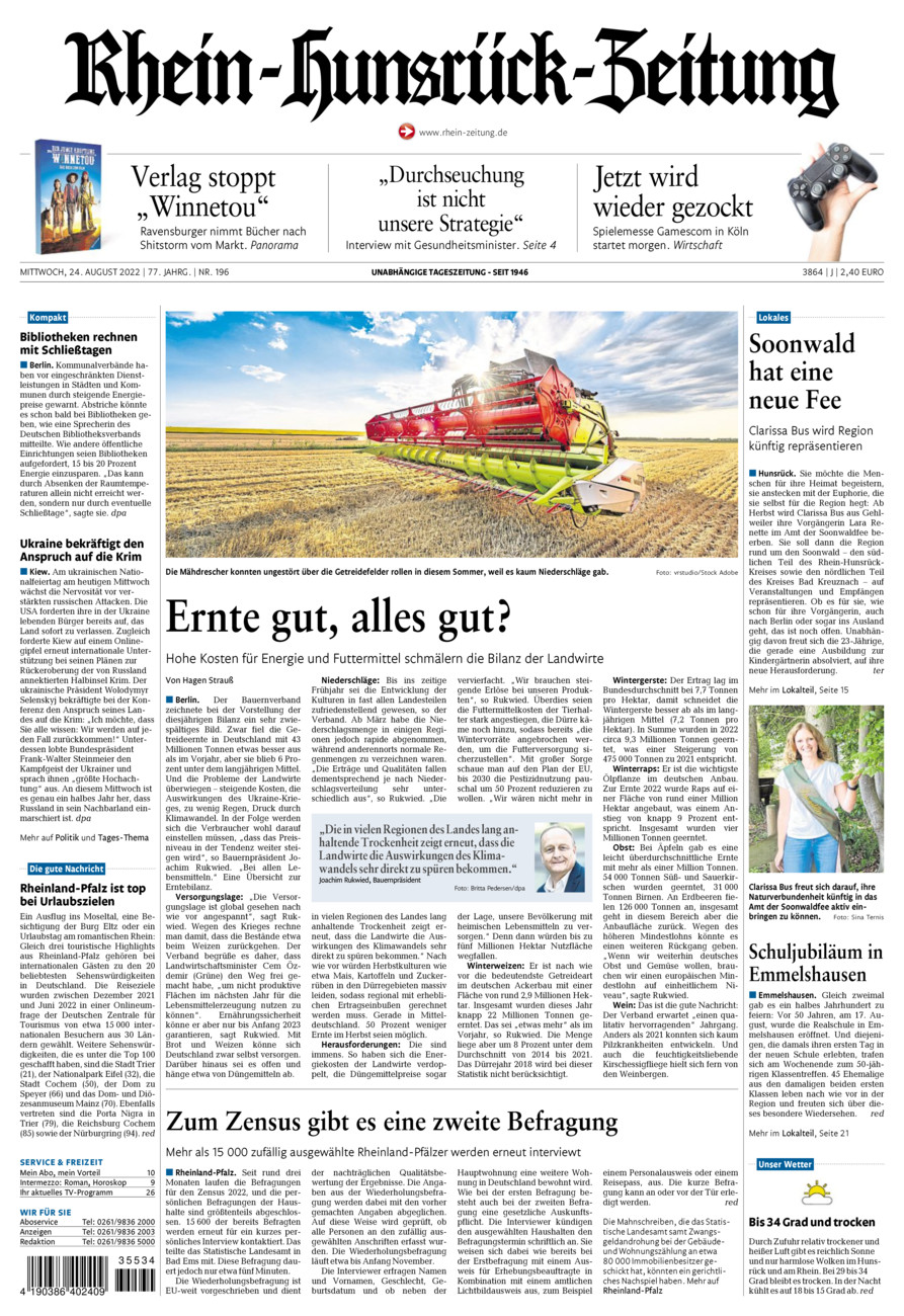 Rhein-Hunsrück-Zeitung vom Mittwoch, 24.08.2022