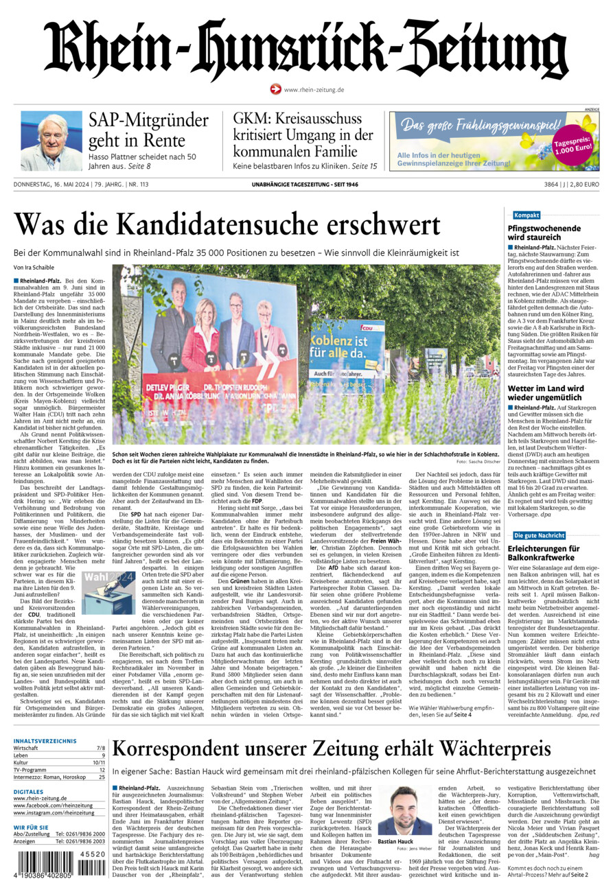 Rhein-Hunsrück-Zeitung vom Donnerstag, 16.05.2024