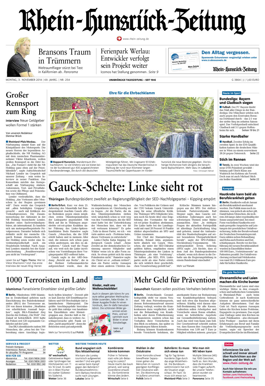 Rhein-Hunsrück-Zeitung vom Montag, 03.11.2014