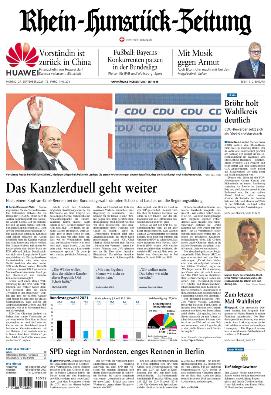 Rhein-Hunsrück-Zeitung vom Montag, 27.09.2021