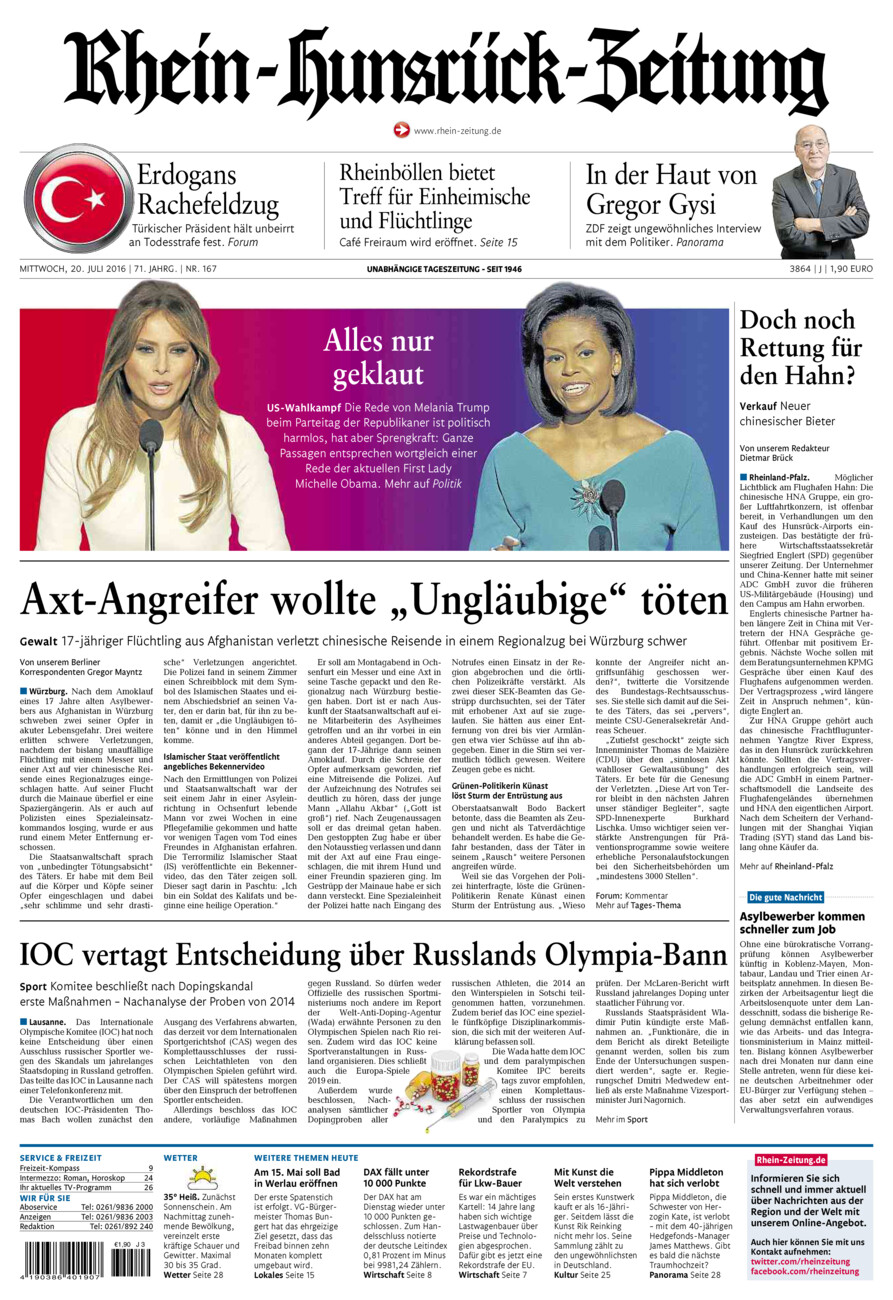 Rhein-Hunsrück-Zeitung vom Mittwoch, 20.07.2016