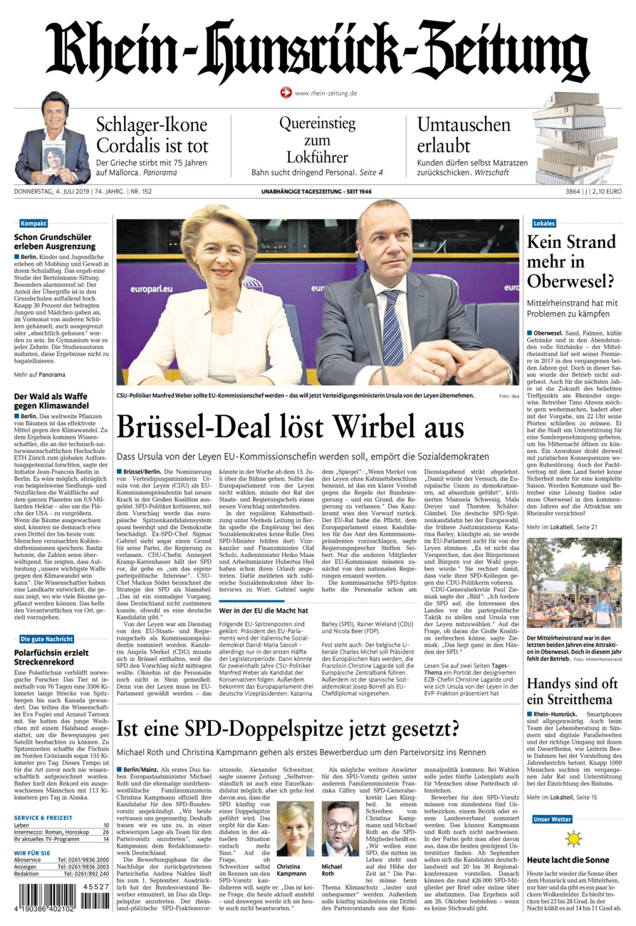 Rhein-Hunsrück-Zeitung vom Donnerstag, 04.07.2019