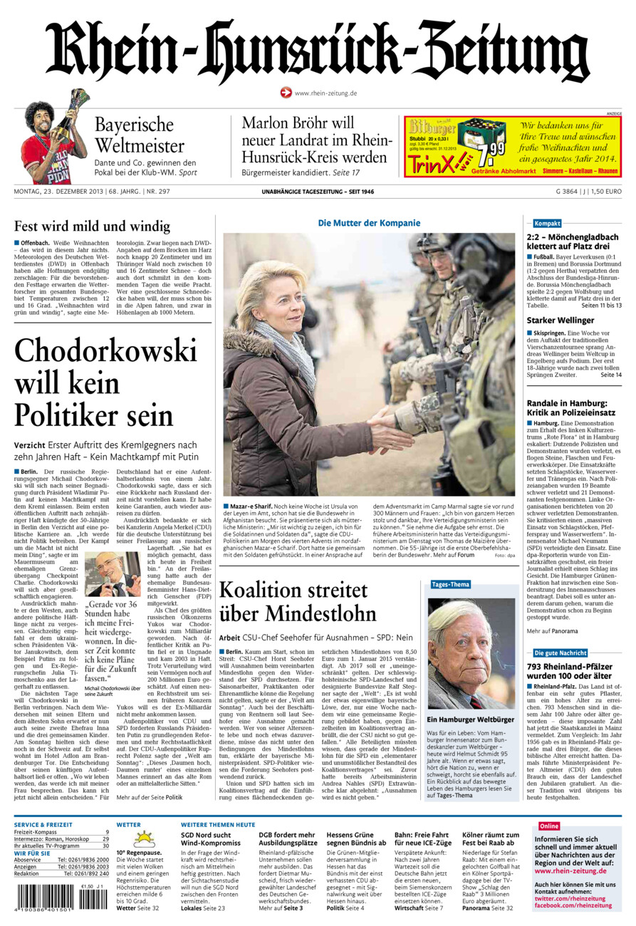 Rhein-Hunsrück-Zeitung vom Montag, 23.12.2013