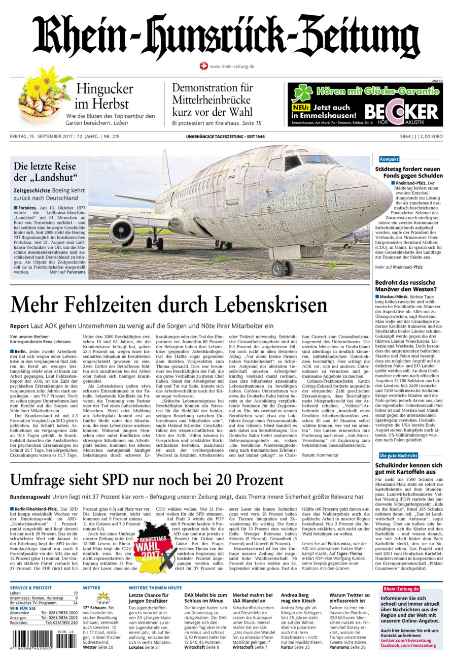 Rhein-Hunsrück-Zeitung vom Freitag, 15.09.2017