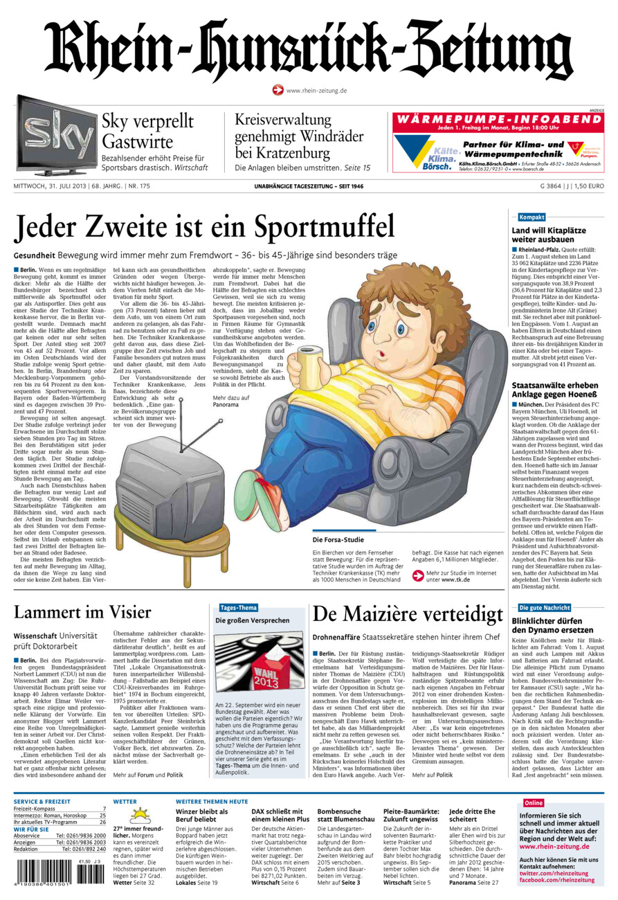 Rhein-Hunsrück-Zeitung vom Mittwoch, 31.07.2013