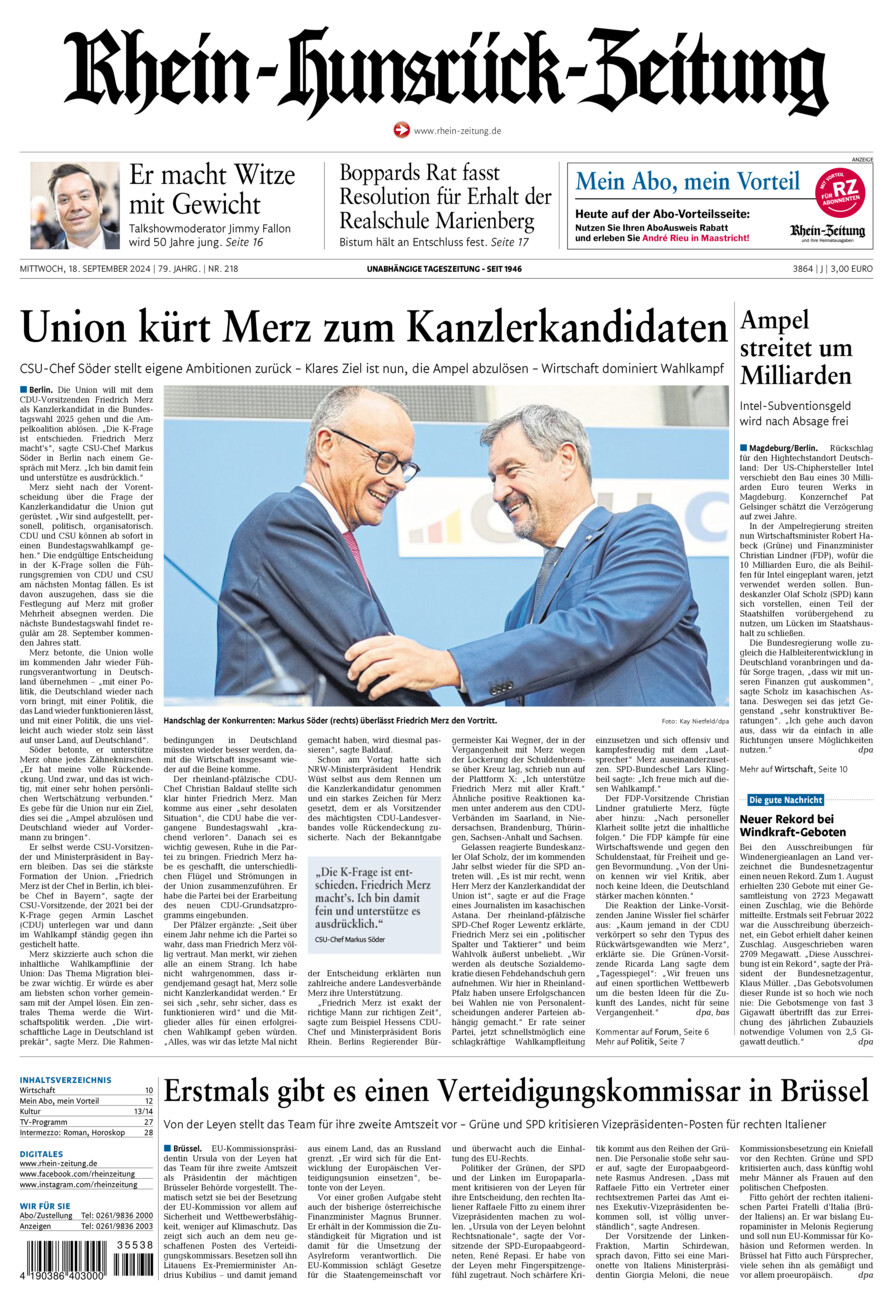 Rhein-Hunsrück-Zeitung vom Mittwoch, 18.09.2024