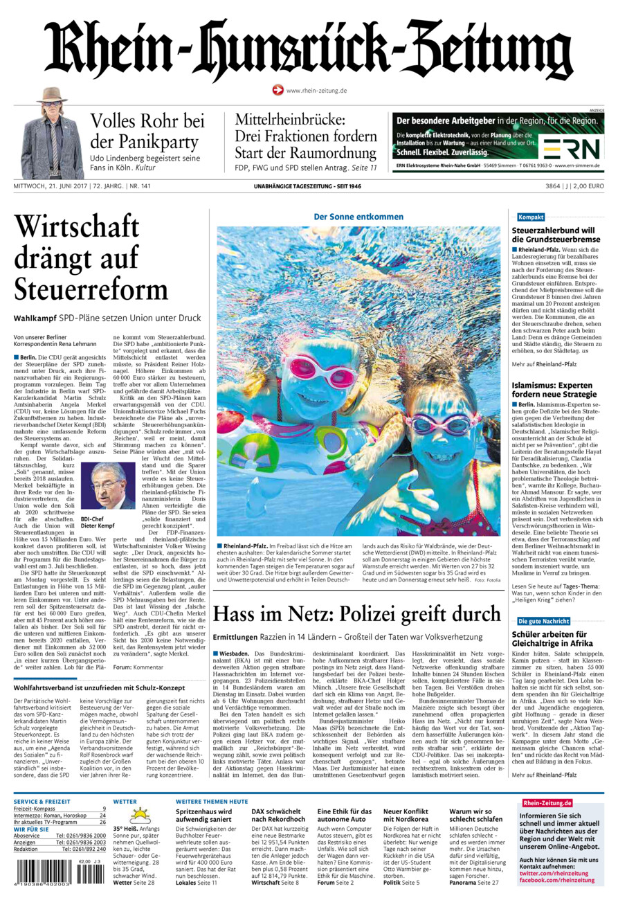 Rhein-Hunsrück-Zeitung vom Mittwoch, 21.06.2017