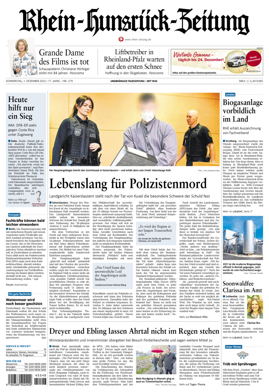 Rhein-Hunsrück-Zeitung vom Donnerstag, 01.12.2022