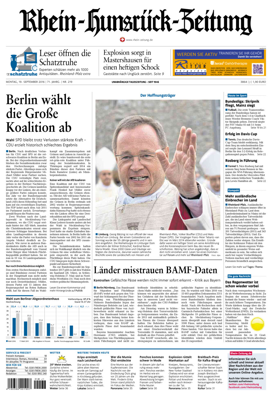 Rhein-Hunsrück-Zeitung vom Montag, 19.09.2016