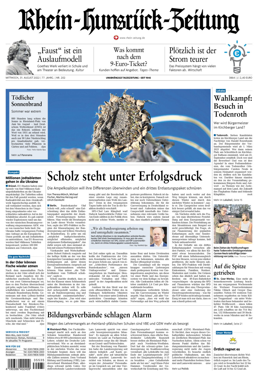 Rhein-Hunsrück-Zeitung vom Mittwoch, 31.08.2022