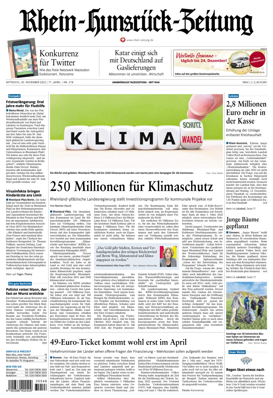 Rhein-Hunsrück-Zeitung vom Mittwoch, 30.11.2022