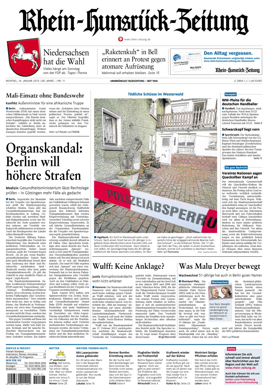 Rhein-Hunsrück-Zeitung vom Montag, 14.01.2013