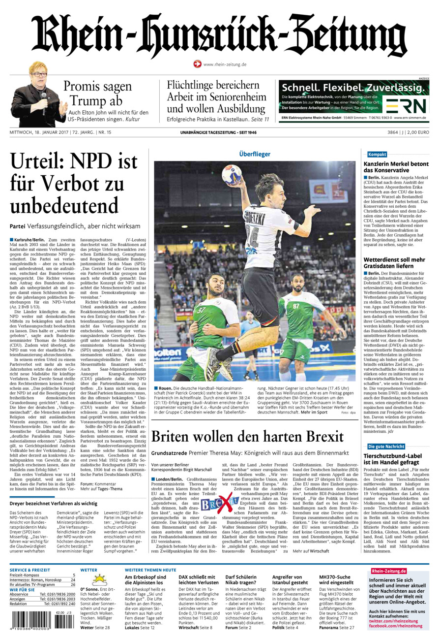 Rhein-Hunsrück-Zeitung vom Mittwoch, 18.01.2017