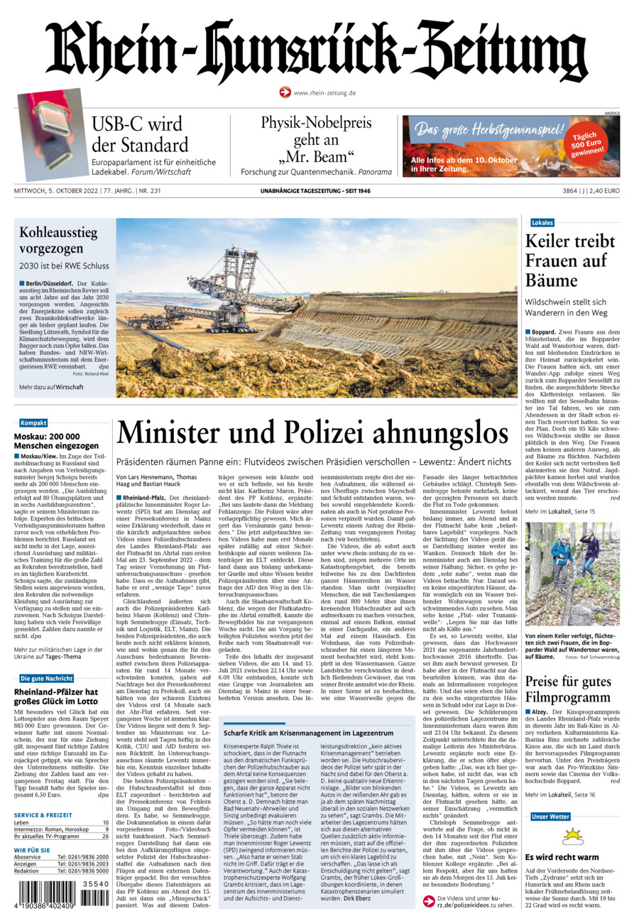 Rhein-Hunsrück-Zeitung vom Mittwoch, 05.10.2022