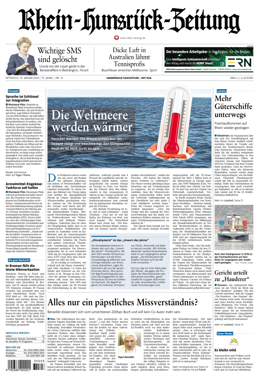 Rhein-Hunsrück-Zeitung vom Mittwoch, 15.01.2020