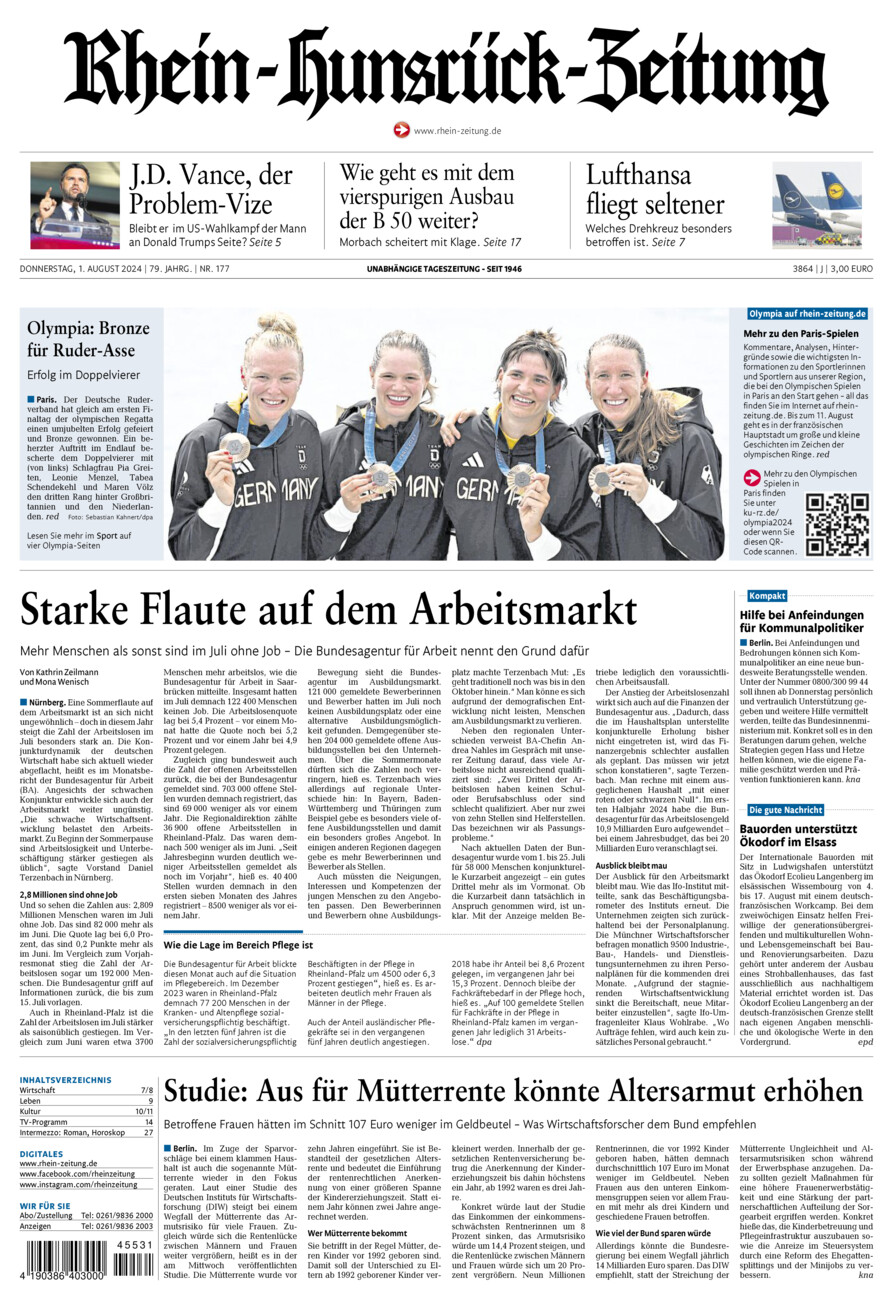 Rhein-Hunsrück-Zeitung vom Donnerstag, 01.08.2024