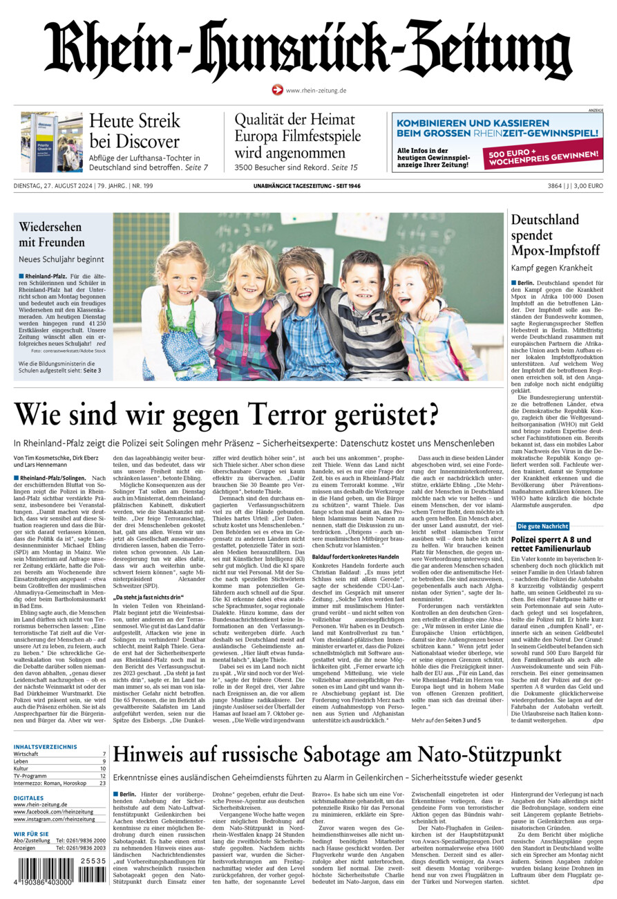 Rhein-Hunsrück-Zeitung vom Dienstag, 27.08.2024