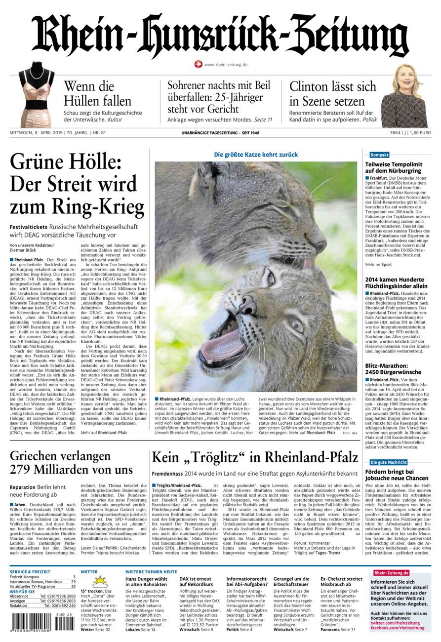 Rhein-Hunsrück-Zeitung vom Mittwoch, 08.04.2015