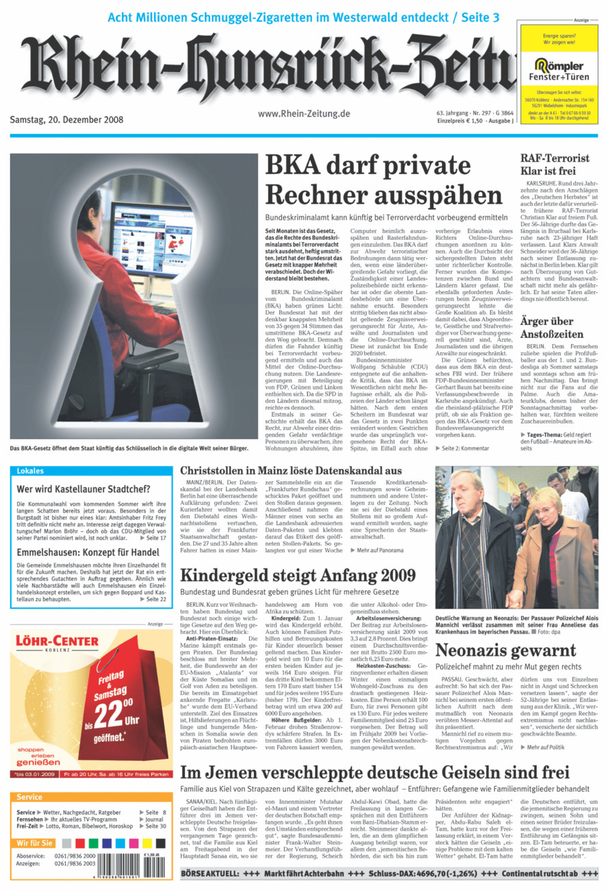 Rhein-Hunsrück-Zeitung vom Samstag, 20.12.2008