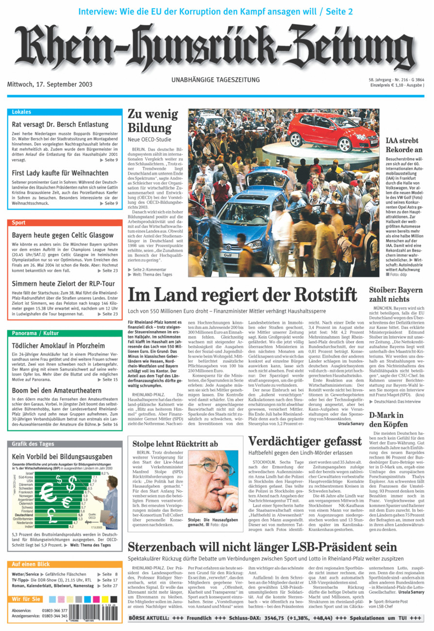 Rhein-Hunsrück-Zeitung vom Mittwoch, 17.09.2003