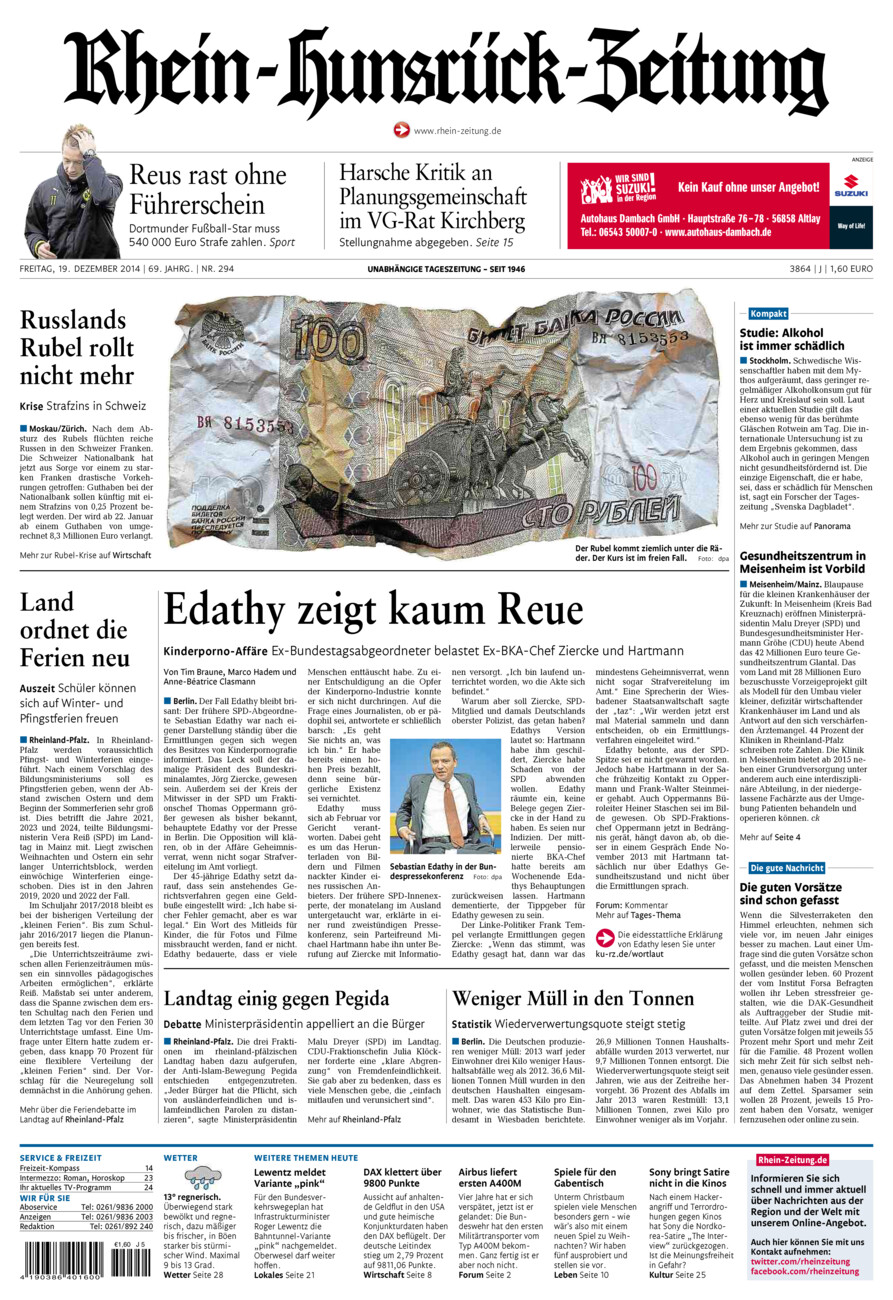 Rhein-Hunsrück-Zeitung vom Freitag, 19.12.2014