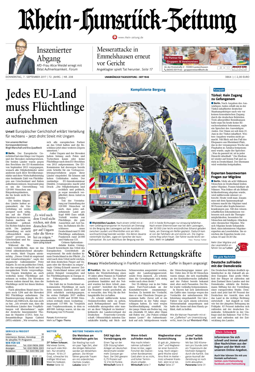 Rhein-Hunsrück-Zeitung vom Donnerstag, 07.09.2017