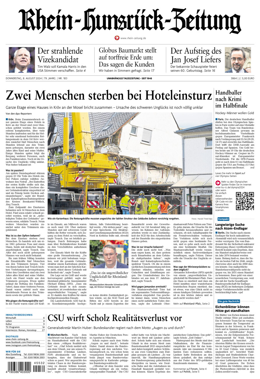 Rhein-Hunsrück-Zeitung vom Donnerstag, 08.08.2024