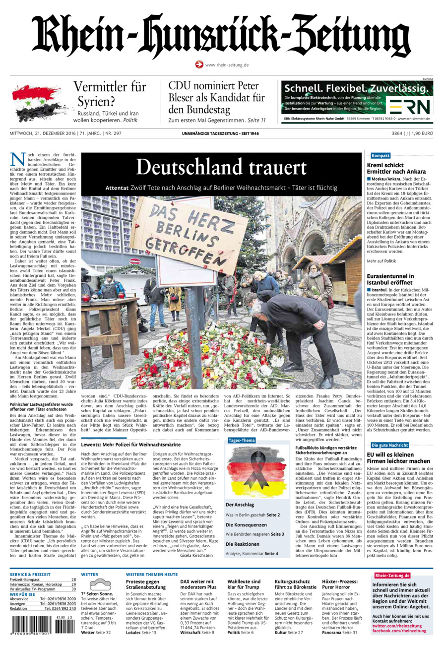 Rhein-Hunsrück-Zeitung vom Mittwoch, 21.12.2016