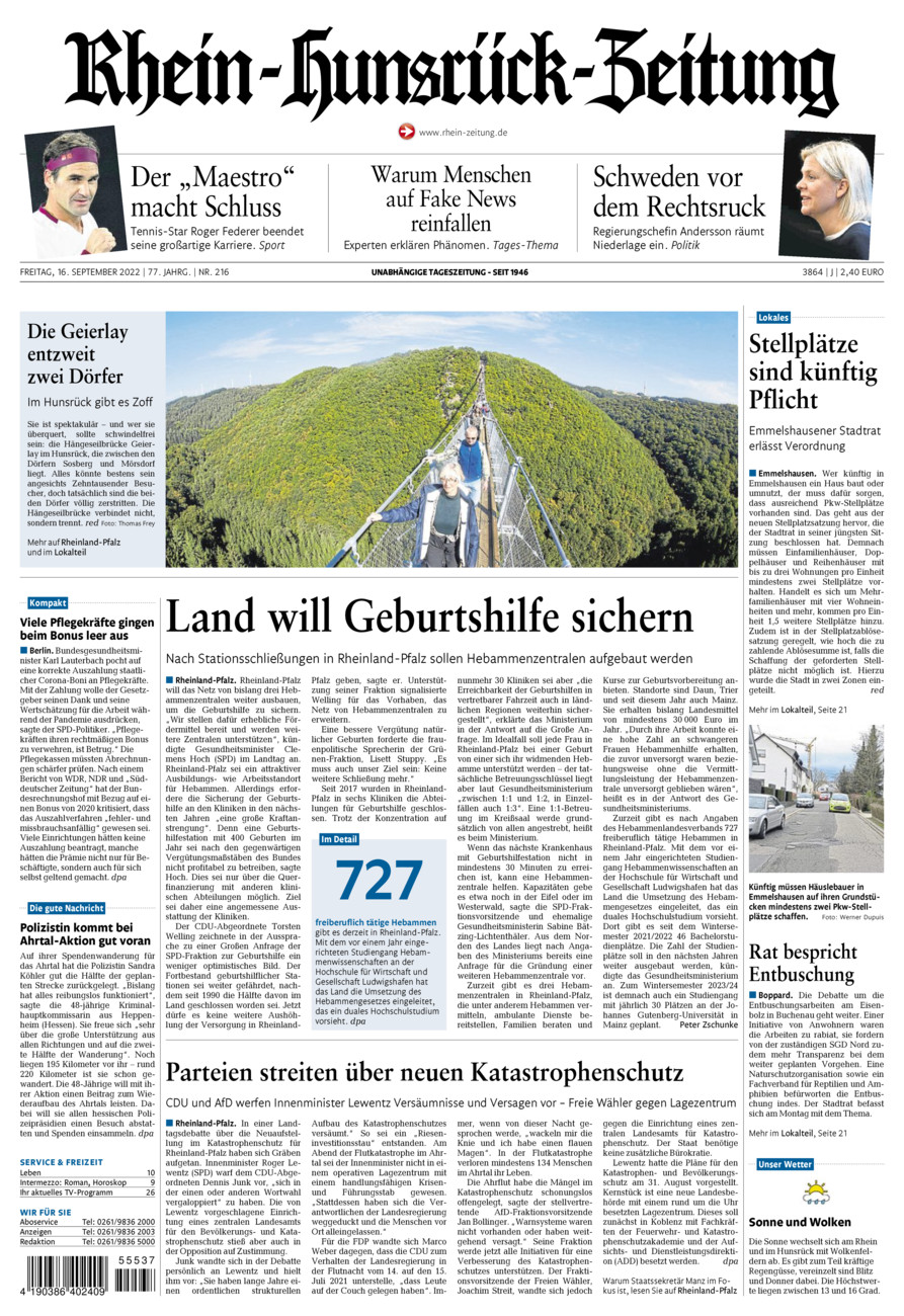Rhein-Hunsrück-Zeitung vom Freitag, 16.09.2022